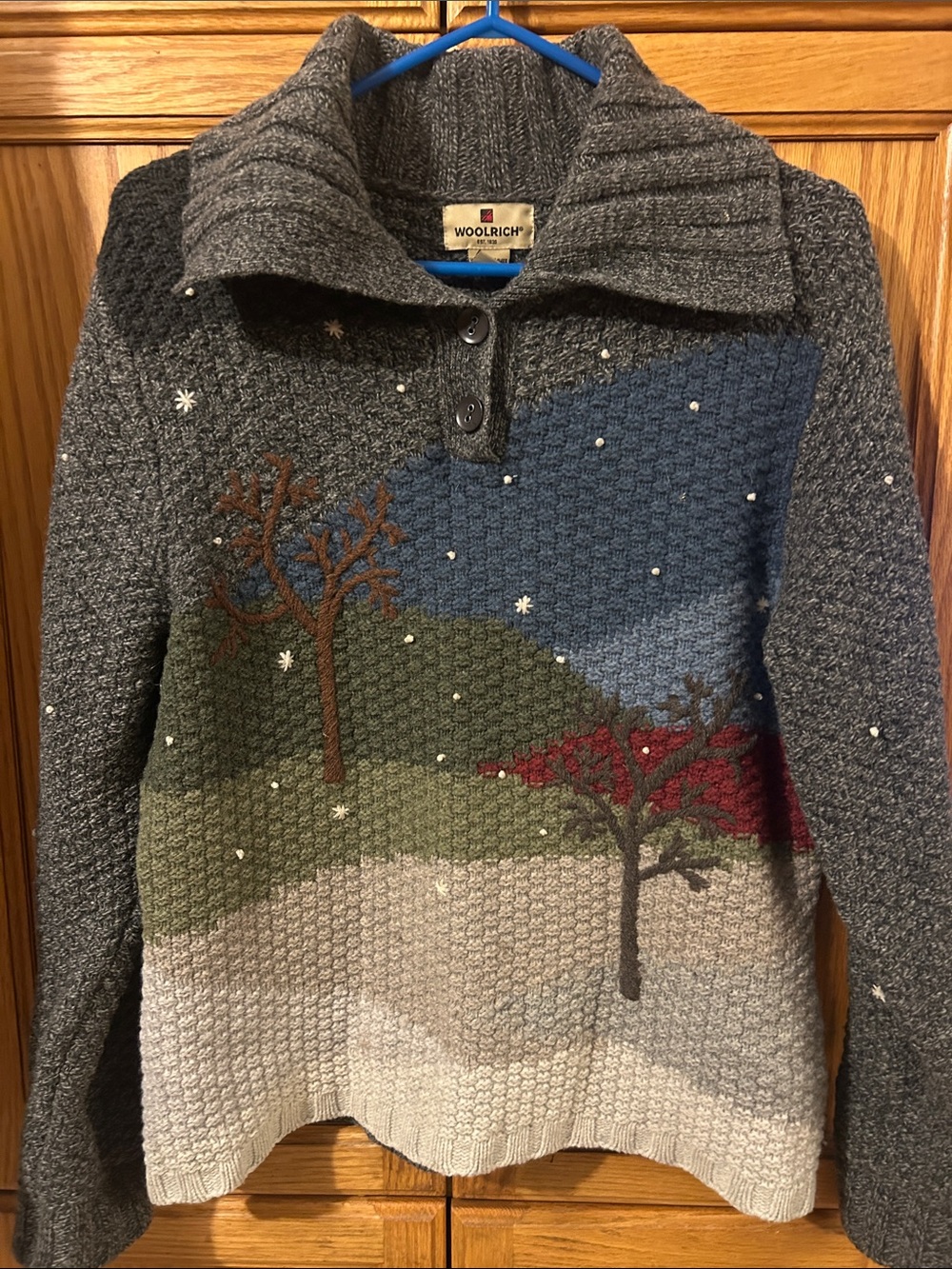 Woolrich Gray Scenic Intarsia Turtleneck Sweater with Blue and Green Panels